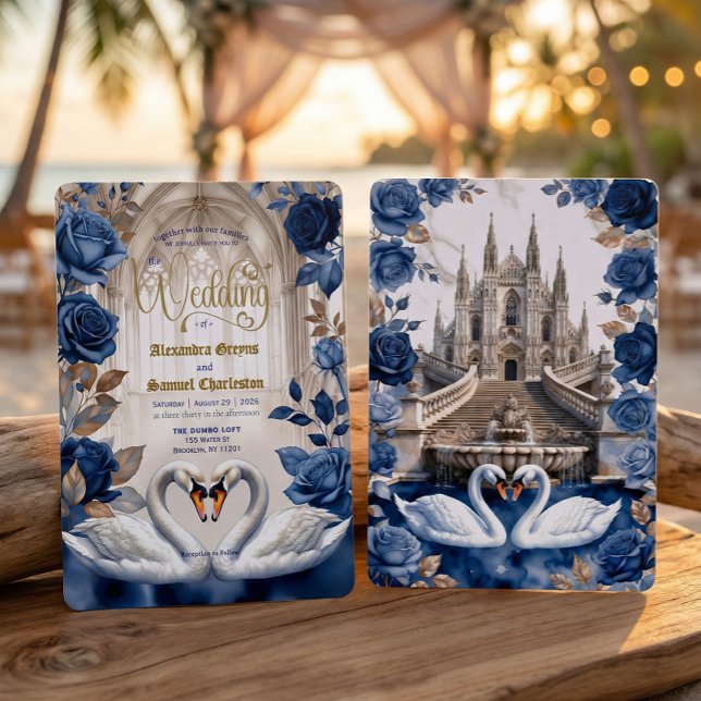 Faux Gold & Bronze Swans Marble Cathedral Wedding Inbjudningar (Skapare uppladdad)