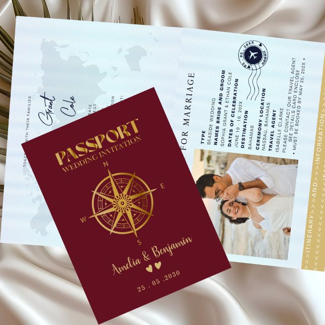 Faux Gold Compass Travel passport destination Inbjudan (Skapare uppladdad)