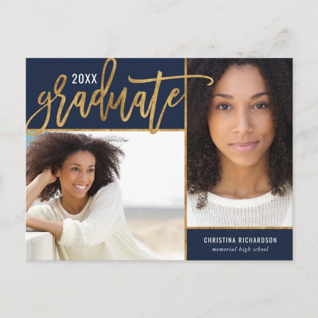 Faux Gold Foil 2 Photo Studenten annons Posts Meddelande Vykort (Framsida)