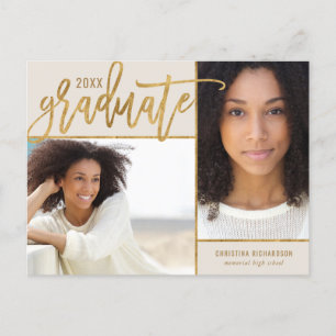 Faux Gold Foil 2 Photo Studenten Announcement Pos Meddelande Vykort