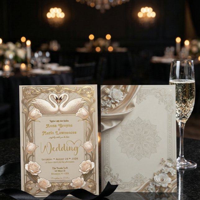Faux Gold Foil Baroque Swans Champagne Inbjudningar (Skapare uppladdad)
