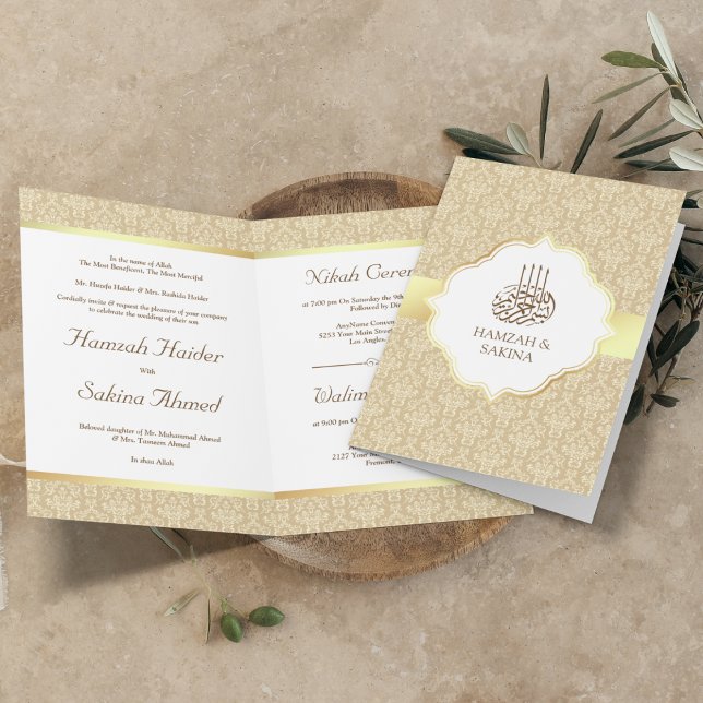 Faux Gold Foil Beige Damask Muslim Bröllop Inbjudan (Skapare uppladdad)