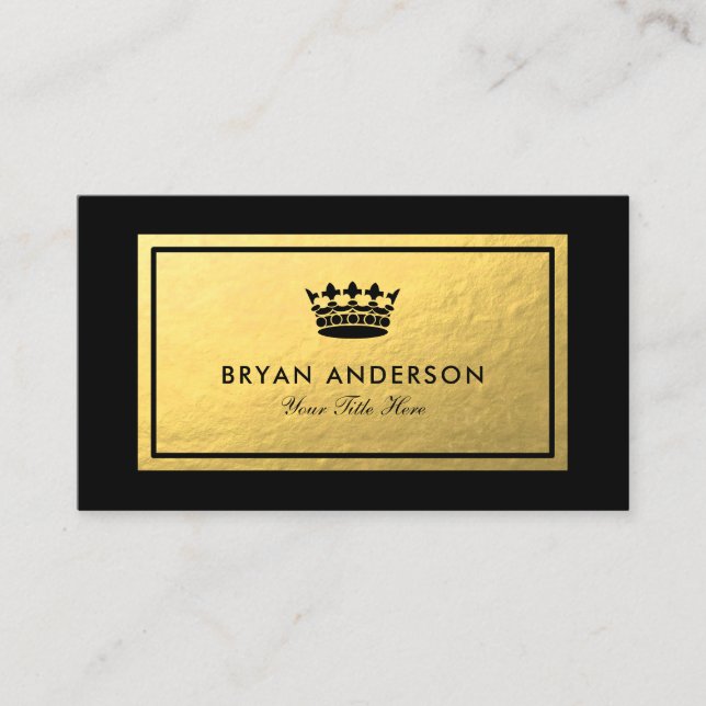 Faux Gold Foil - Black Krona Logotyp Affärskort Visitkort (Framsida)