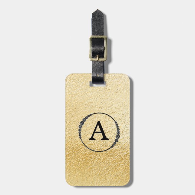 *~* Faux Gold Foil + Black Monogram Diamond Bling Bagagebricka (Vertikal Framsida)
