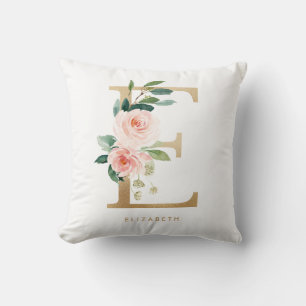 Faux Gold Foil Blommigt Brev E Monogram Kudde