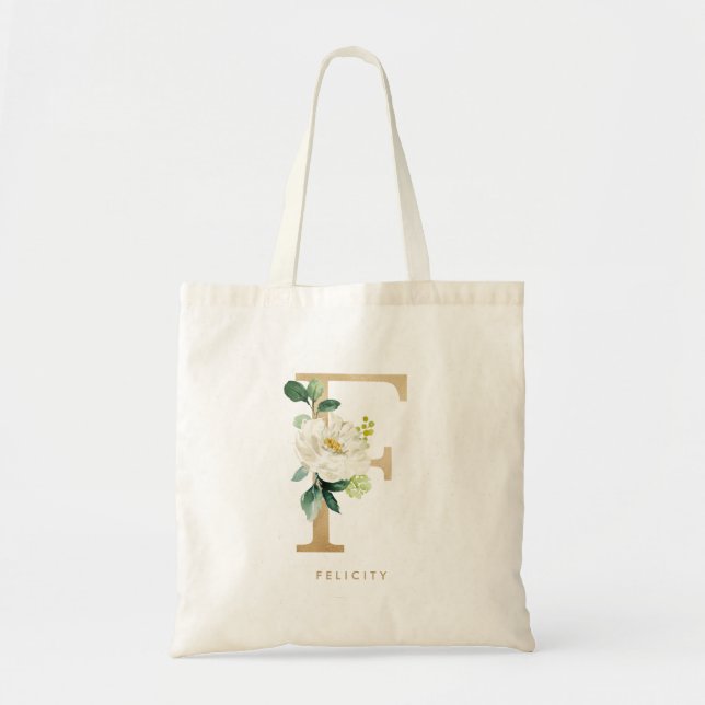 Faux Gold Foil Blommigt Brev F Monogram Bridesmaid Tygkasse (Framsidan)