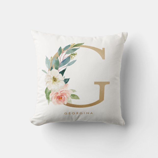 Faux Gold Foil Blommigt Brev G Monogram Kudde (Framsida)