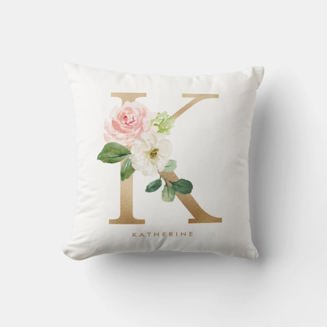 Faux Gold Foil Blommigt Brev K Monogram Kudde (Framsida)