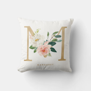 Faux Gold Foil Blommigt Brev M Monogram Nursery Kudde