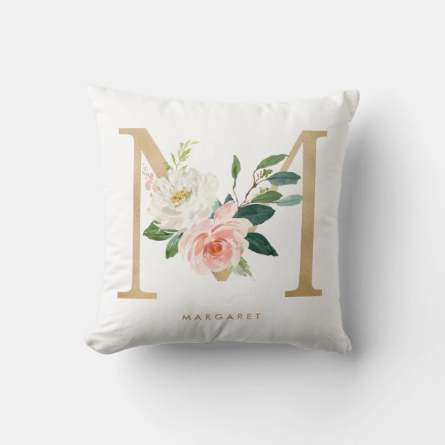 Faux Gold Foil Blommigt Brev M Monogram Nursery Kudde (Framsida)