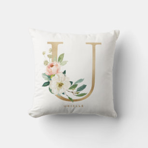 Faux Gold Foil Blommigt Brev U Monogram Kudde