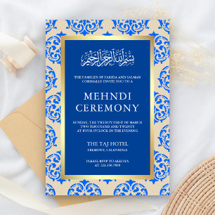 Faux Gold Foil Blue Damask Islamic Mehndi Ceremony Tilläggskort