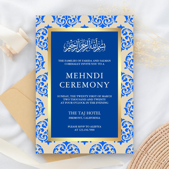 Faux Gold Foil Blue Damask Islamic Mehndi Ceremony Tilläggskort (Skapare uppladdad)