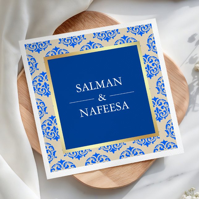 Faux Gold Foil Blue Damask Wedding Pappersservett (Skapare uppladdad)
