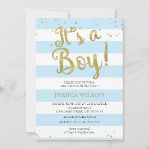 Faux Gold Foil, Blue Rand Baby Shower its a Boy Inbjudningar