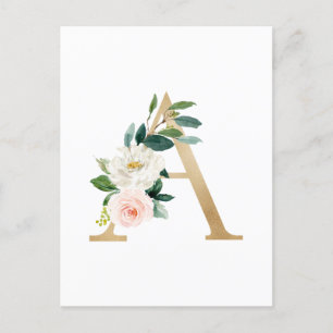 Faux Gold Foil Brev A Blommigt Monogram Vykort