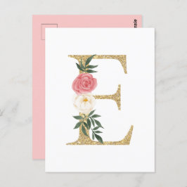 Faux Gold Foil Brev E  Blommigt Monogram Vykort