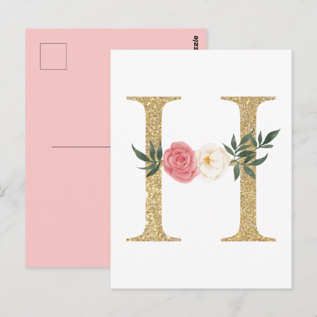 Faux Gold Foil Brev H  Blommigt Monogram Vykort (Fram/baksida)