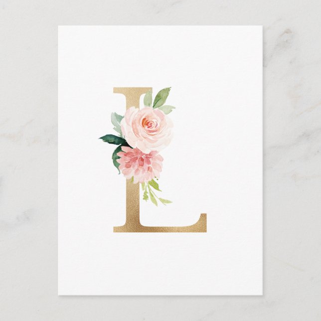 Faux Gold Foil Brev L  Blommigt Monogram Vykort (Framsida)