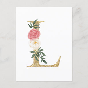 Faux Gold Foil Brev L Blommigt Monogram Vykort