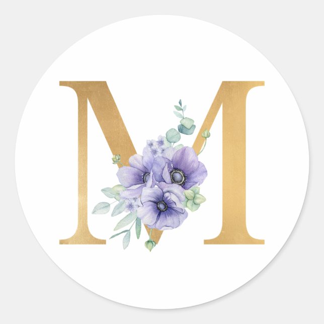 Faux Gold Foil Brev M Violet Blommigt Monogram Runt Klistermärke (Framsida)