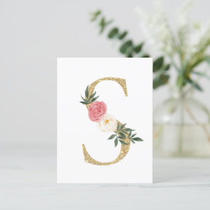 Faux Gold Foil Brev S Blommigt Monogram Vykort