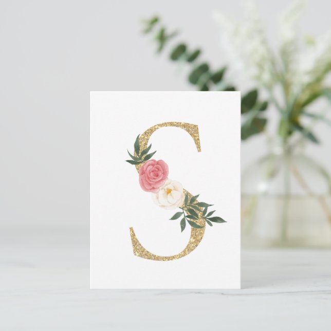 Faux Gold Foil Brev S  Blommigt Monogram Vykort (Stående Fram)