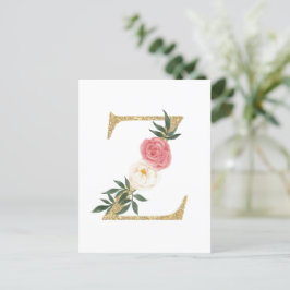 Faux Gold Foil Brev Z  Blommigt Monogram Vykort