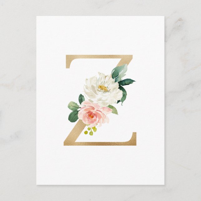 Faux Gold Foil Brev Z  Blommigt Monogram Vykort (Framsida)