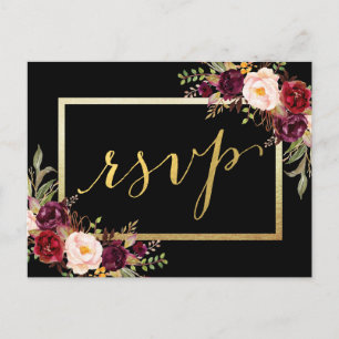 Faux Gold Foil Burgundy Blommigt Black Bröllop OSA Vykort