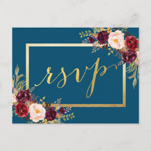 Faux Gold Foil Burgundy Blommigt Blue Bröllop OSA Vykort