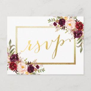 Faux Gold Foil Burgundy Blommigt Bröllop OSA Vykort