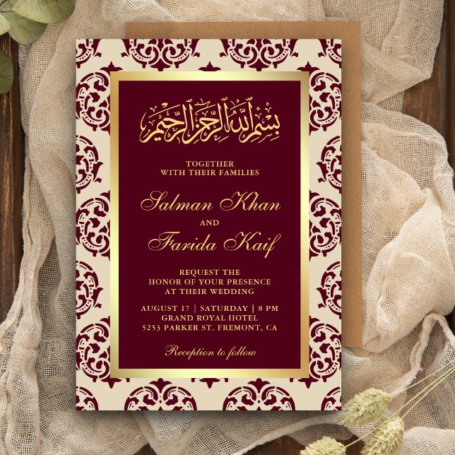 Faux Gold Foil Burgundy Damask Muslim Bröllop Inbjudningar (Skapare uppladdad)