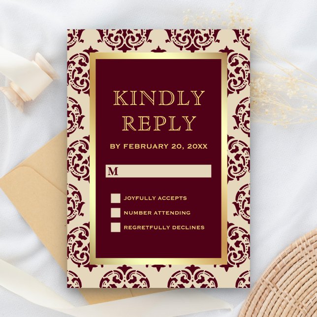 Faux Gold Foil Burgundy Damask Wedding OSA Kort (Skapare uppladdad)