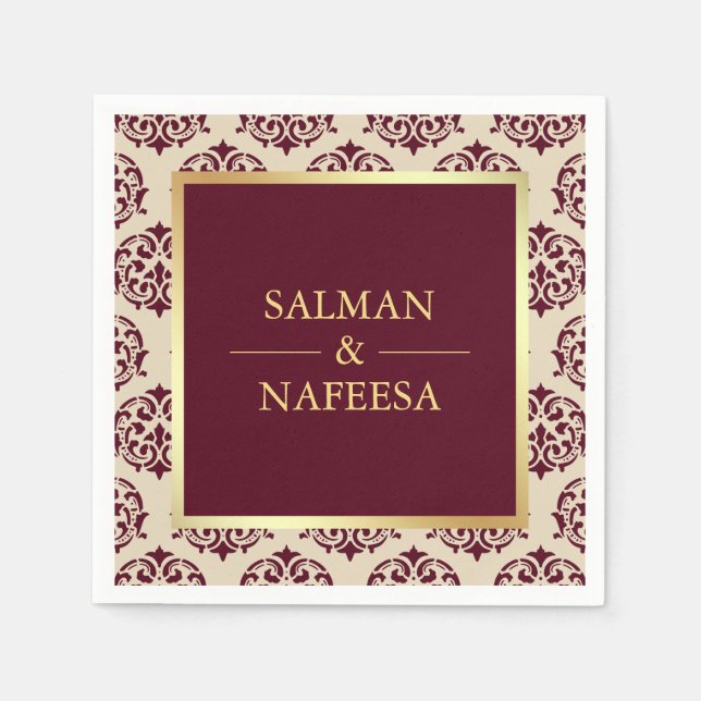 Faux Gold Foil Burgundy Damask Wedding Pappersservett (Framsidan)