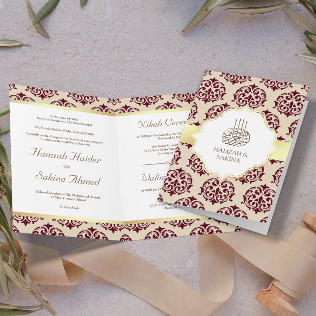Faux Gold Foil Burgundy Red Damask Muslim Bröllop Inbjudan (Skapare uppladdad)