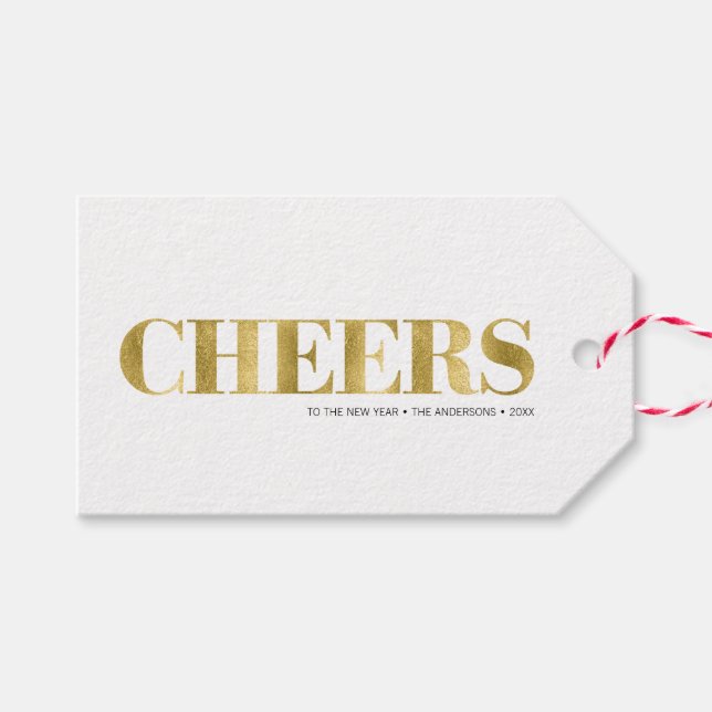 Faux Gold Foil Cheers - nyårsjubileum Helgdag Gift Presentetikett (Framsidan (Horizontal))