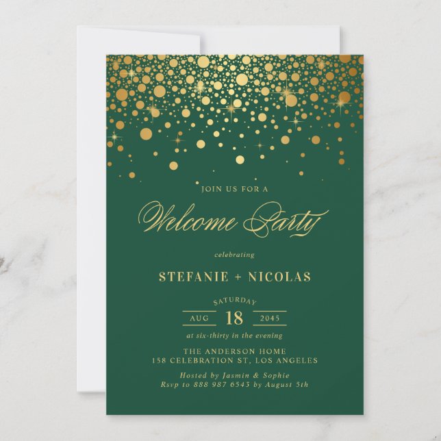 Faux Gold Foil Confetti Dots Grönt Välkommen Party Inbjudningar (Framsida)