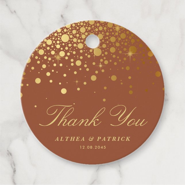 Faux Gold Foil Confetti Dots Terracotta Tack Gåvor Etiketter (Framsida)