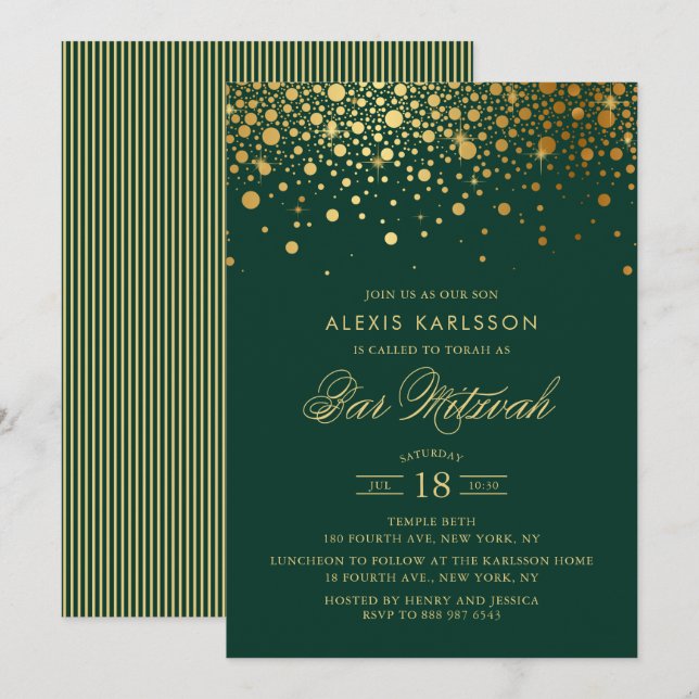 Faux Gold Foil Confetti Grönt Pub Mitzvah Inbjudningar (Fram/baksida)