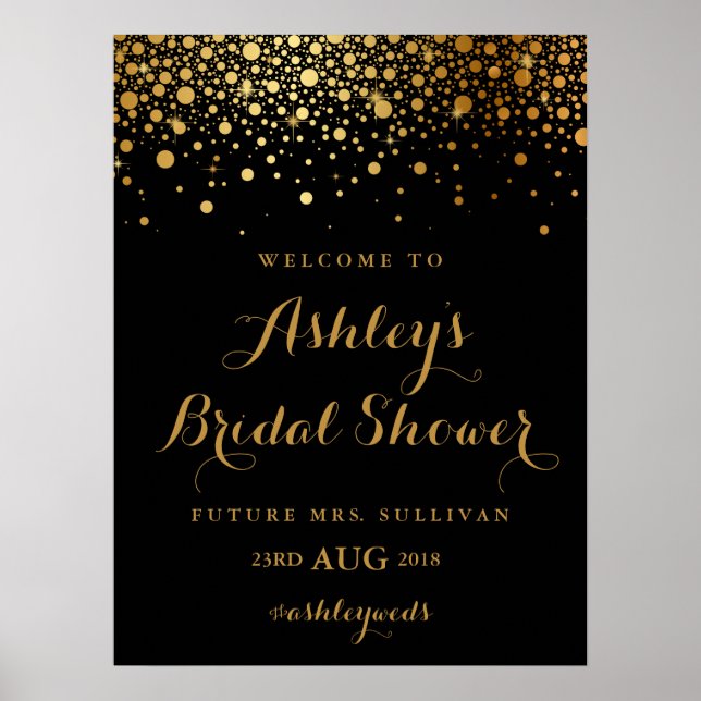 Faux Gold Foil Confetti Modern Black Möhippa Poster (Framsidan)