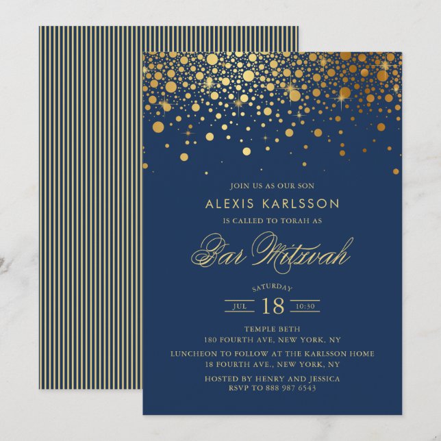 Faux Gold Foil Confetti Navy Blue Pub Mitzvah Inbjudningar (Fram/baksida)
