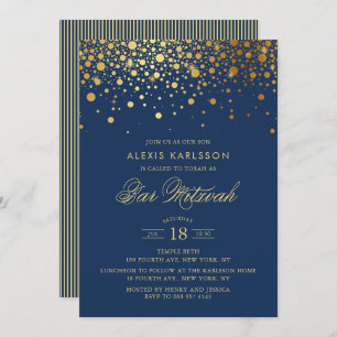 Faux Gold Foil Confetti Navy Blue Pub Mitzvah Inbjudningar