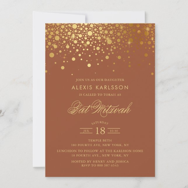 Faux Gold Foil Confetti Terracotta Bat mitzvah Inbjudningar (Framsida)