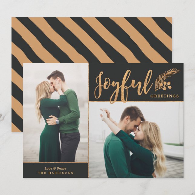 Faux Gold Foil Elegant Hälsning Photo | Svart Julkort (Fram/baksida)