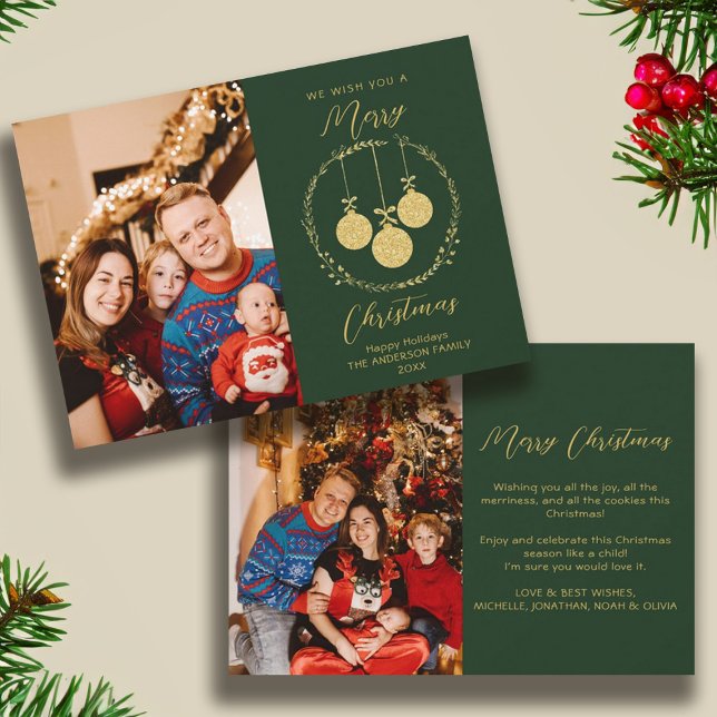 Faux Gold Foil Elegant jul Photo Grönt Julkort (Faux Gold Foil Elegant Christmas Photo Green Holiday Card)