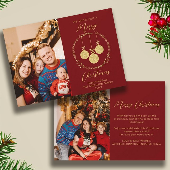 Faux Gold Foil Elegant jul Photo Maroon Julkort (Faux Gold Foil Elegant Christmas Photo Maroon Holiday Card)