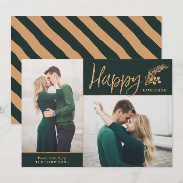 Faux Gold Foil Elegant Lycklig Photo | GRÖNT Julkort (Fram/baksida)