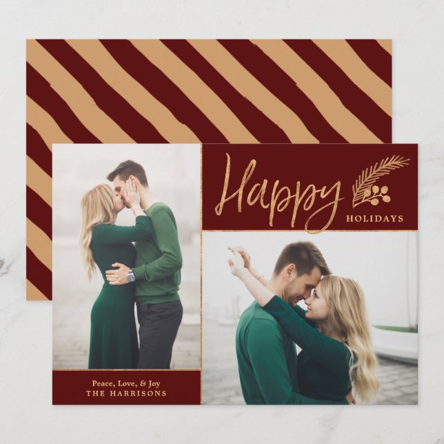 Faux Gold Foil Elegant Lycklig Photo | Maron Julkort (Fram/baksida)