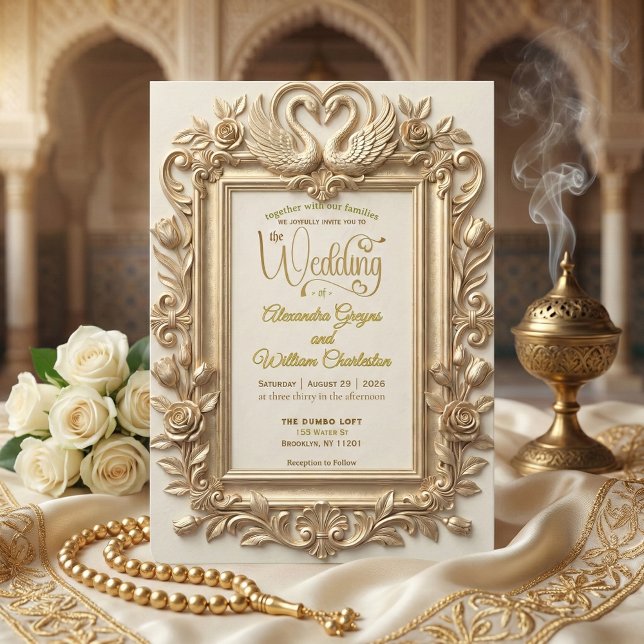 Faux Gold Foil Embossed Baroque Floral Wedding Inbjudningar (Skapare uppladdad)